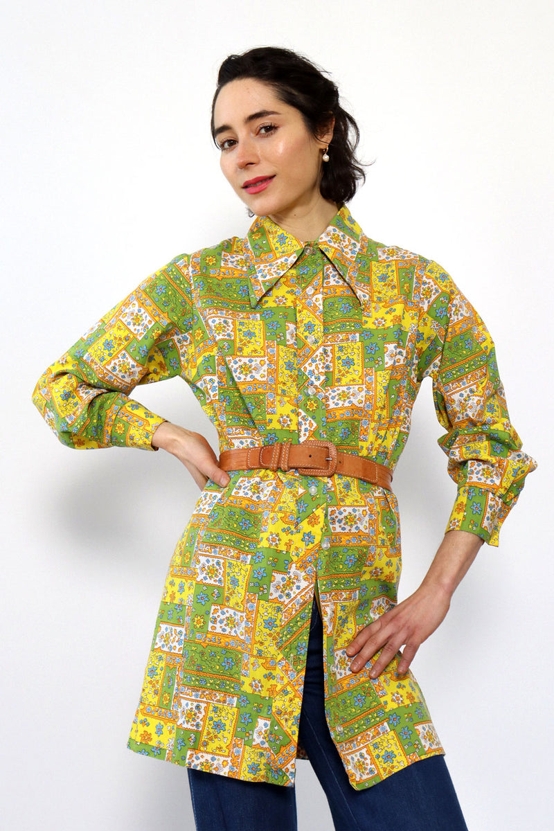 Patch Print Collared Mini Shirtdress M