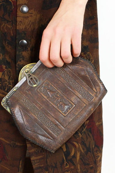 Vandiver Hand Tooled Leather Clutch - Caramel Brown