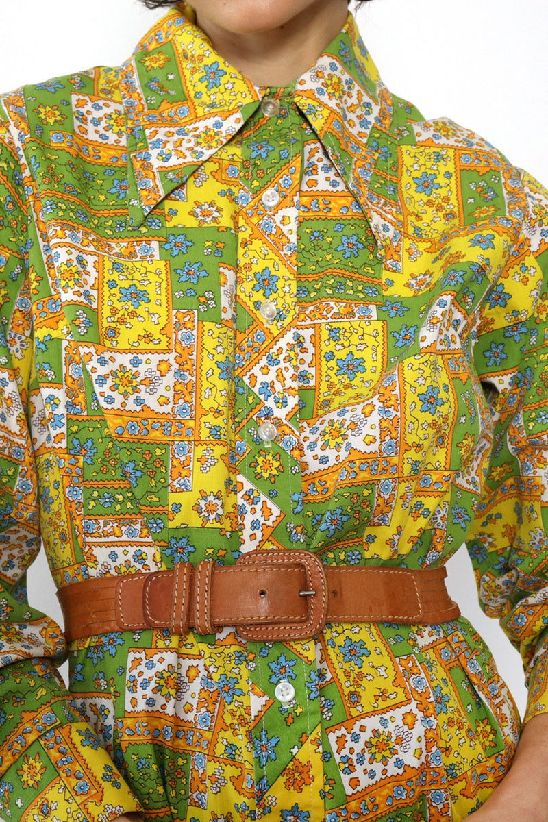 Patch Print Collared Mini Shirtdress M