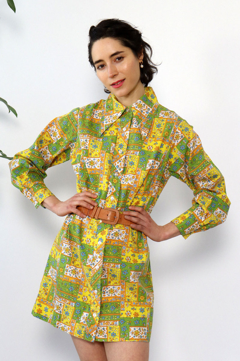 Patch Print Collared Mini Shirtdress M
