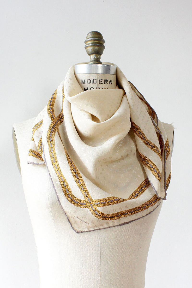 Chanel Vintage Printed Chain Scarf White Gold 