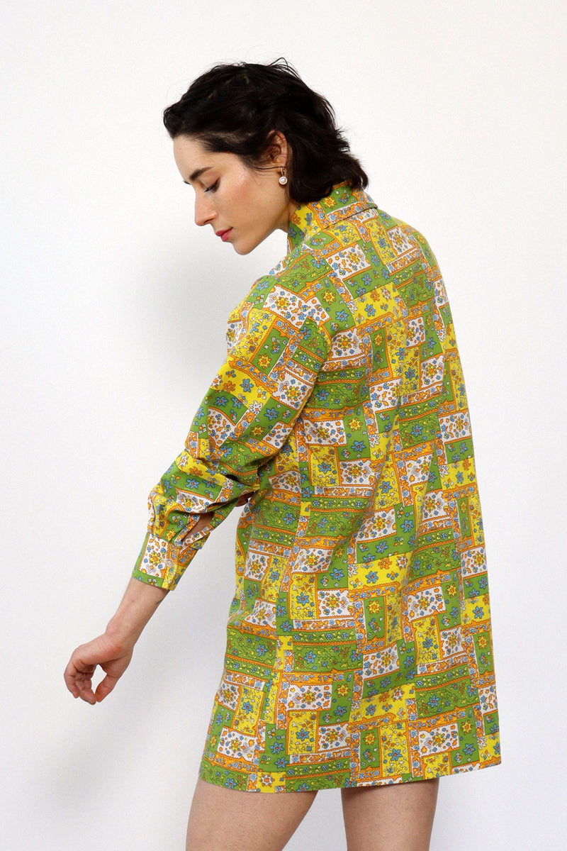 Patch Print Collared Mini Shirtdress M