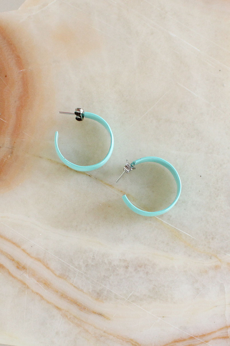 Aquamarine Enamel Hoop Earrings