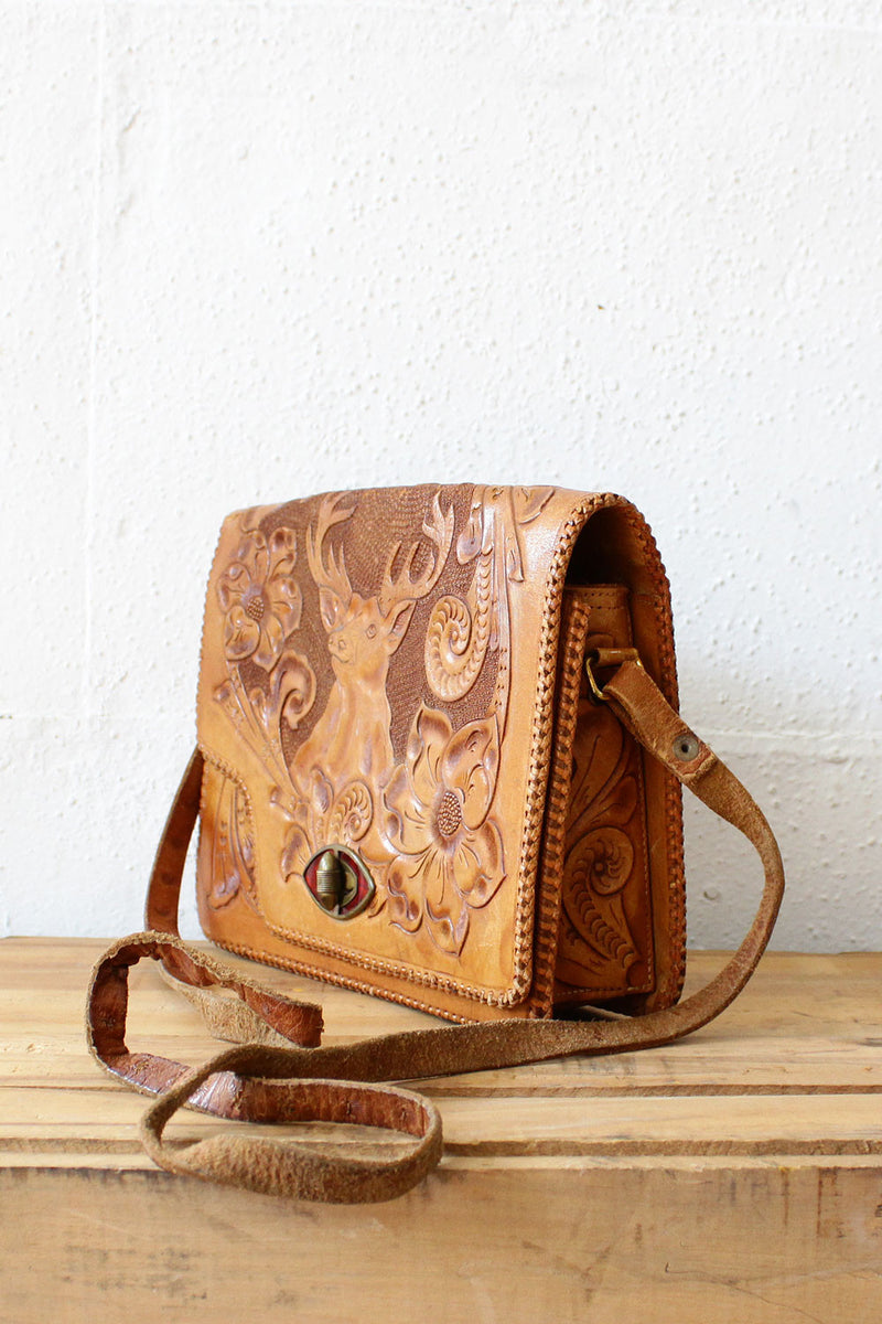 Elk Head Tooled Leather Satchel