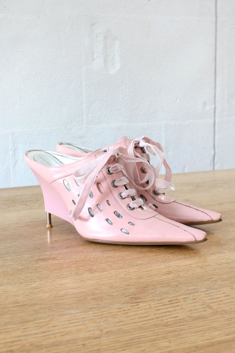 Candy Pink Leather Pointy Wedges 6