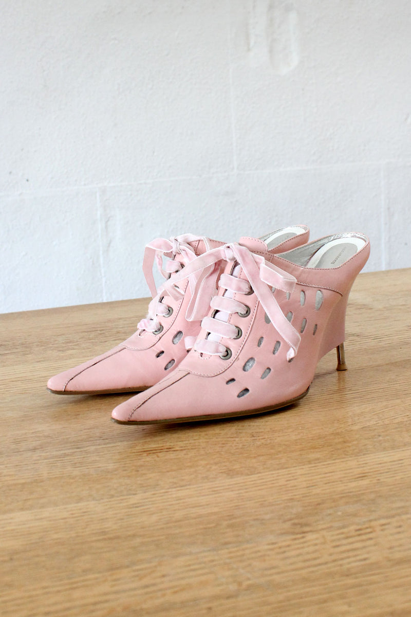 Candy Pink Leather Pointy Wedges 6