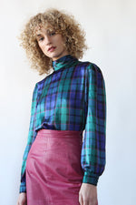 Jeweltone Plaid Satin Blouse S/M