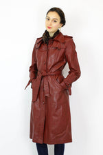 Brick Red 80s Leather Trench Coat