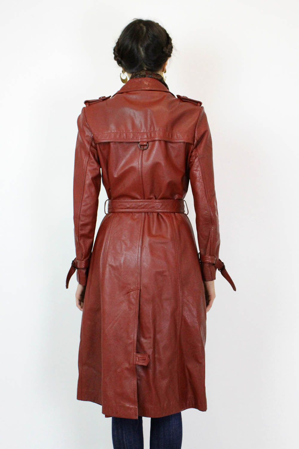 Brick Red 80s Leather Trench Coat