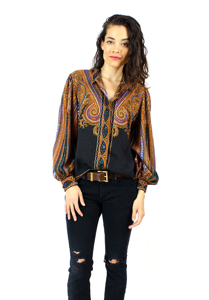 Scarf Print Silk Blouse M/L