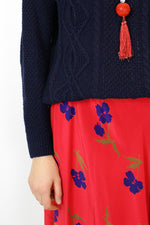 Red Silk Floral Skirt XS