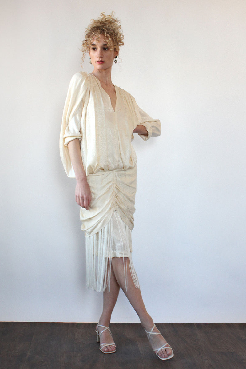 Pearly Silk Fringe Drape Dress M