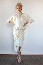 Pearly Silk Fringe Drape Dress M