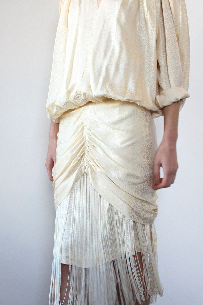 Pearly Silk Fringe Drape Dress M
