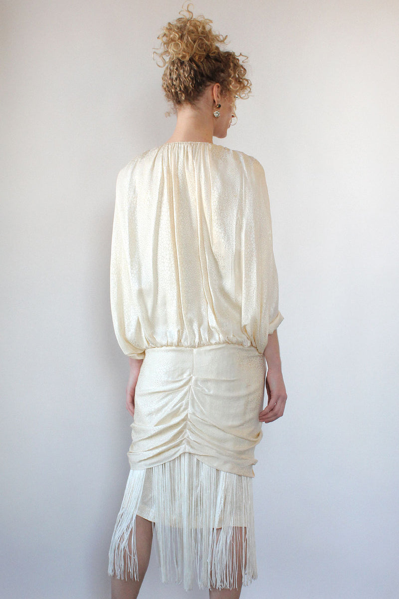 Pearly Silk Fringe Drape Dress M