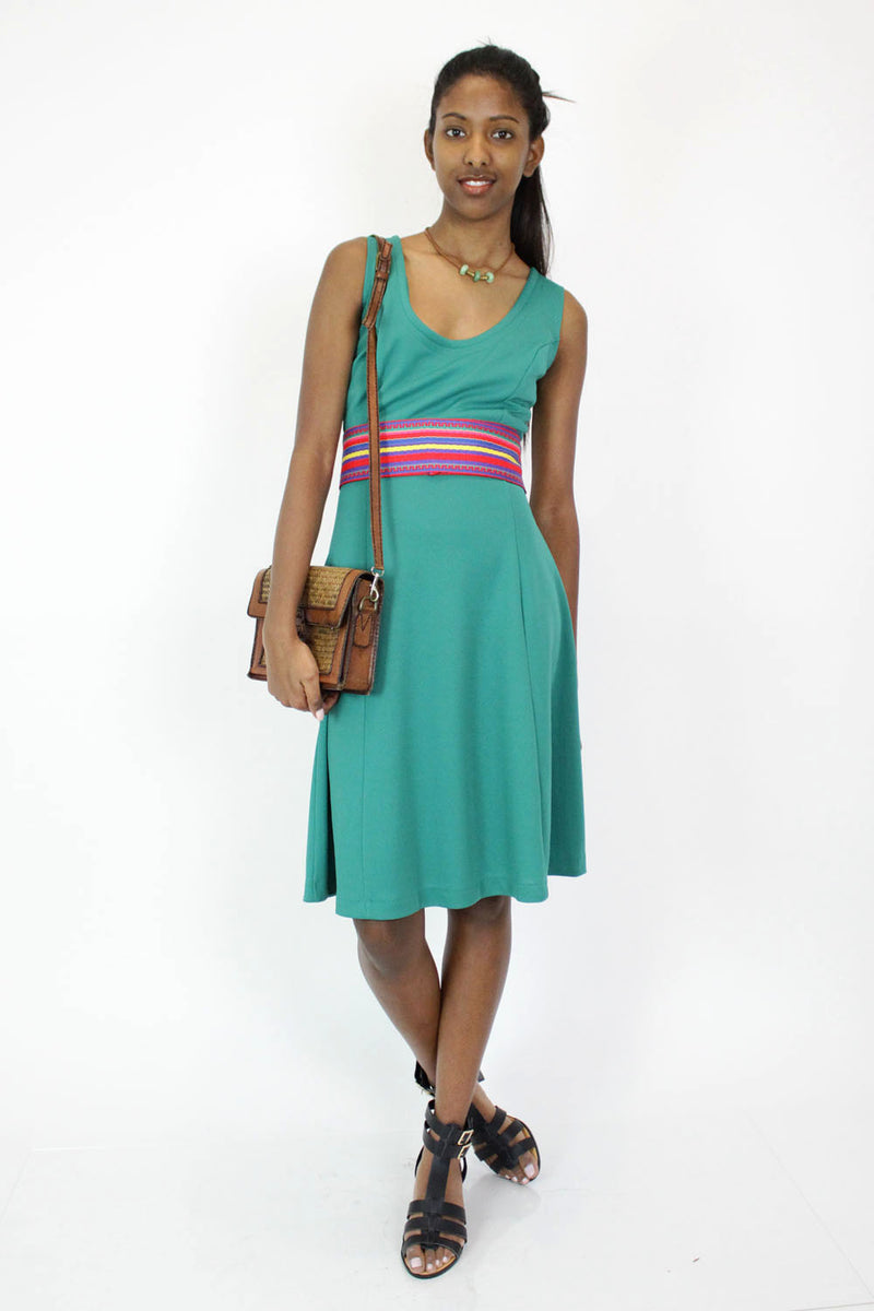 70s Green Knit Flare Dress M