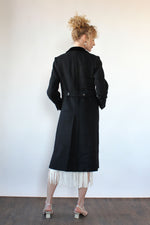 Velvet Trim Black Wool 70s Coat S