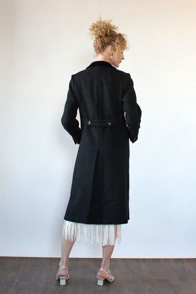 Velvet Trim Black Wool 70s Coat S
