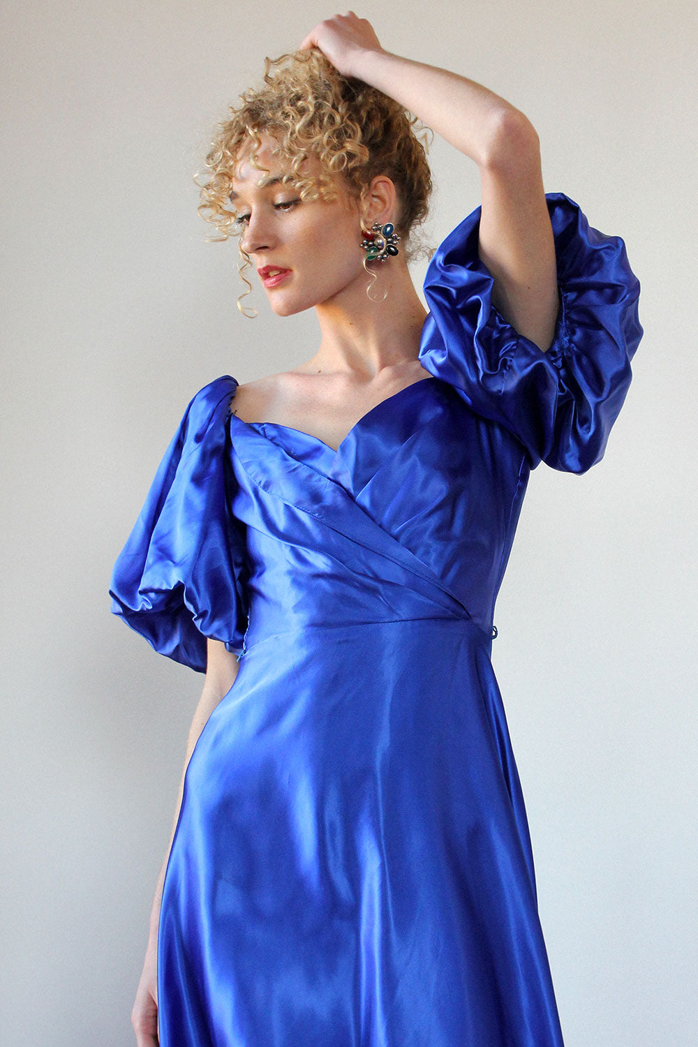 Klein Blue Satin Puff Sleeve Gown S