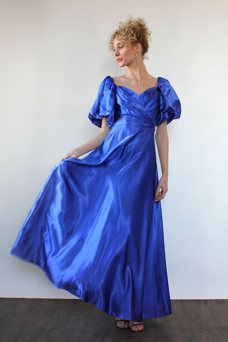 Klein Blue Satin Puff Sleeve Gown S OMNIA Klein Blue Satin Puff Sleeve Gown S OMNIA