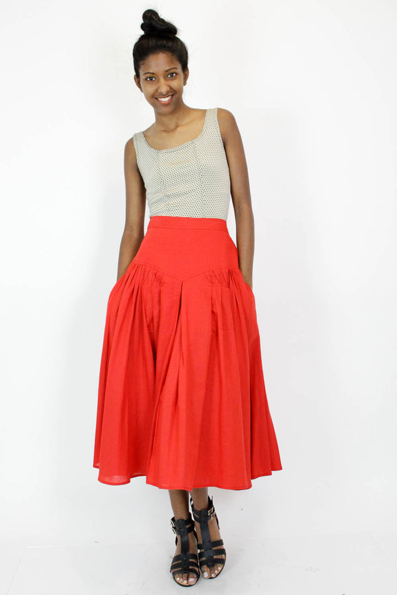 Red Linen Midi Skirt M