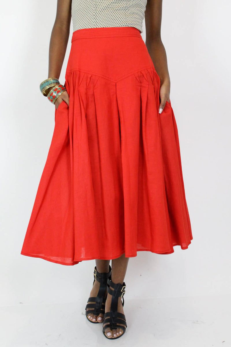 Red Linen Midi Skirt M