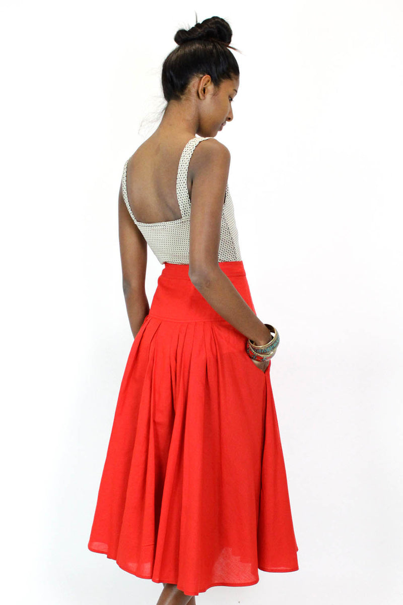 Red Linen Midi Skirt M