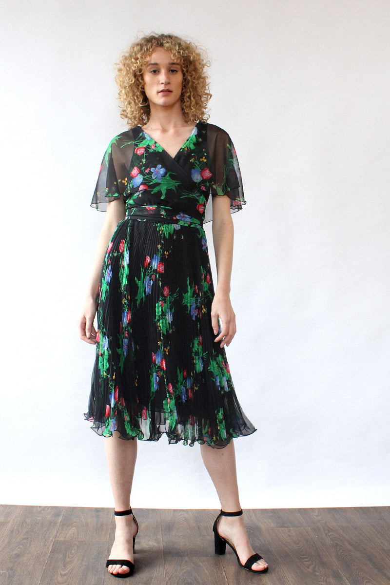 Black Floral Flutter Dress S/M
