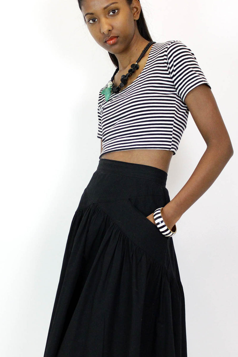 Italian Black Cotton Midi Skirt M/L