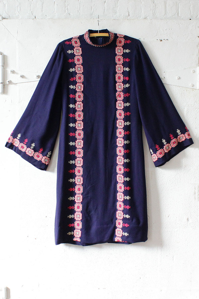 Bell Sleeve Embroidered Wool Dress M