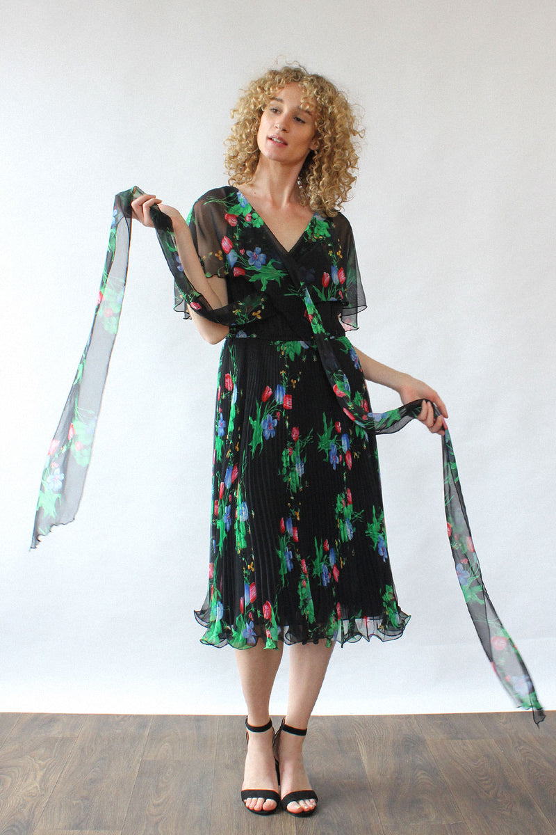 Black Floral Flutter Dress S/M