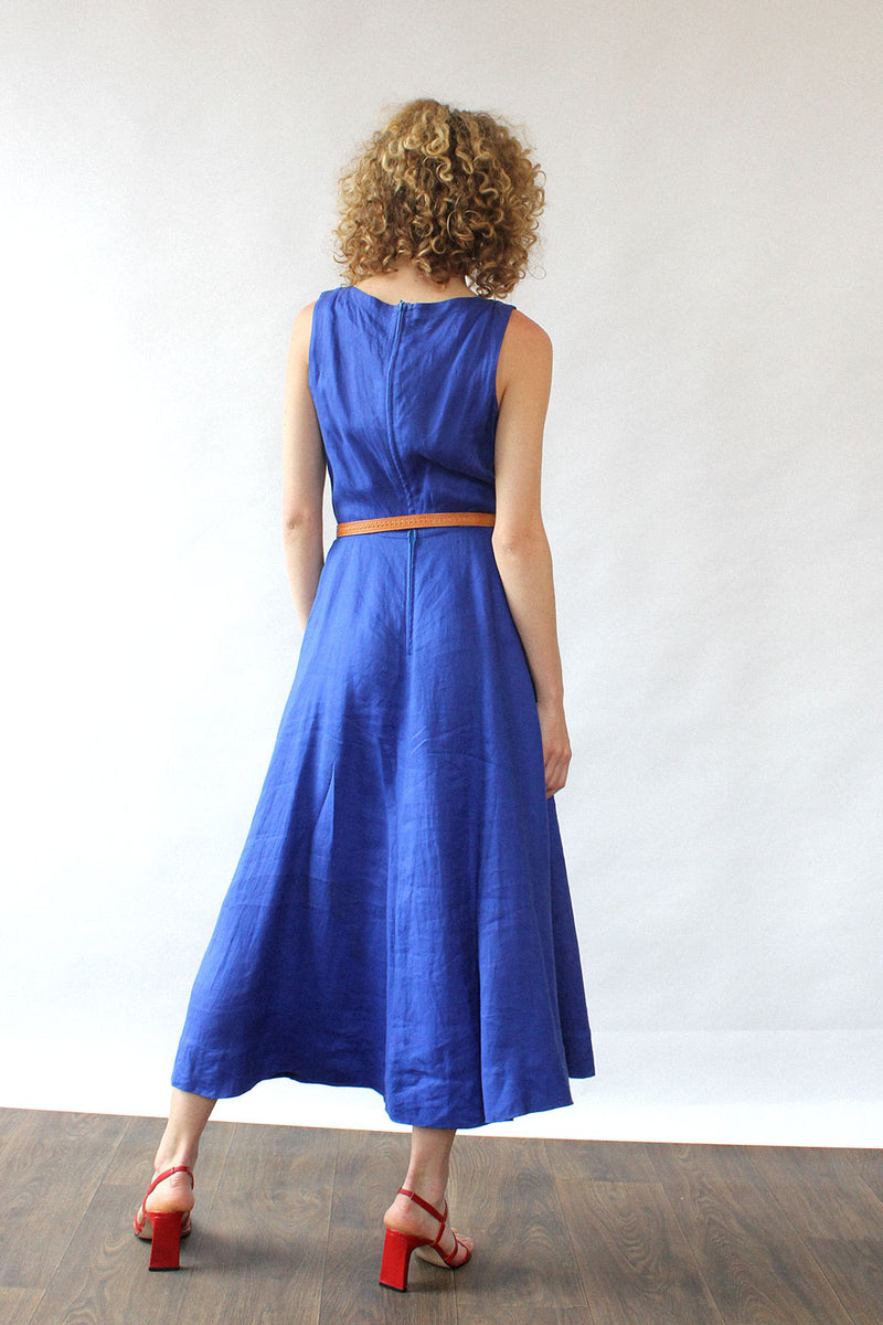 Klein Blue Linen Flare Dress S/M OMNIA Klein Blue Linen Flare Dress S/M OMNIA