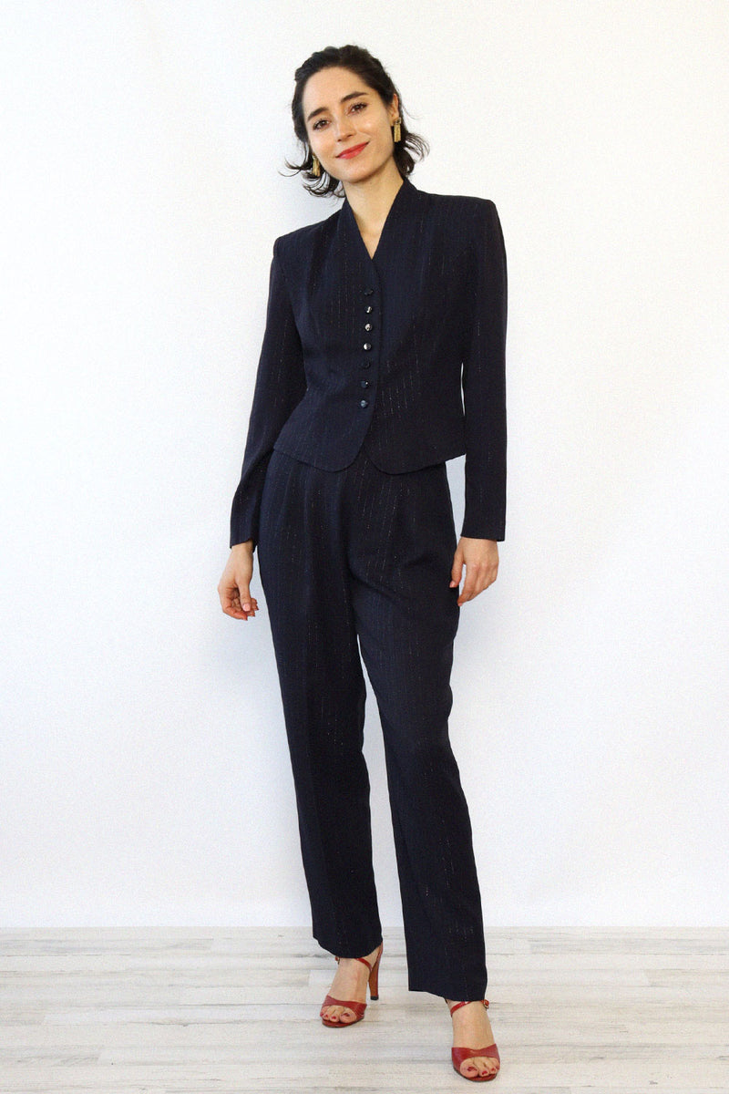 Navy Silver Pinstripe Suit XS/S