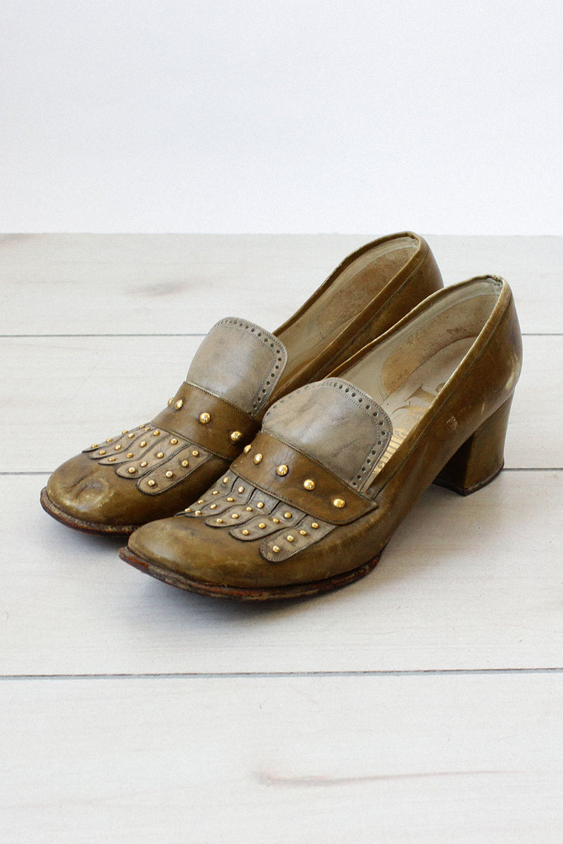 Olive Studded Leather Shoes 8 1/2