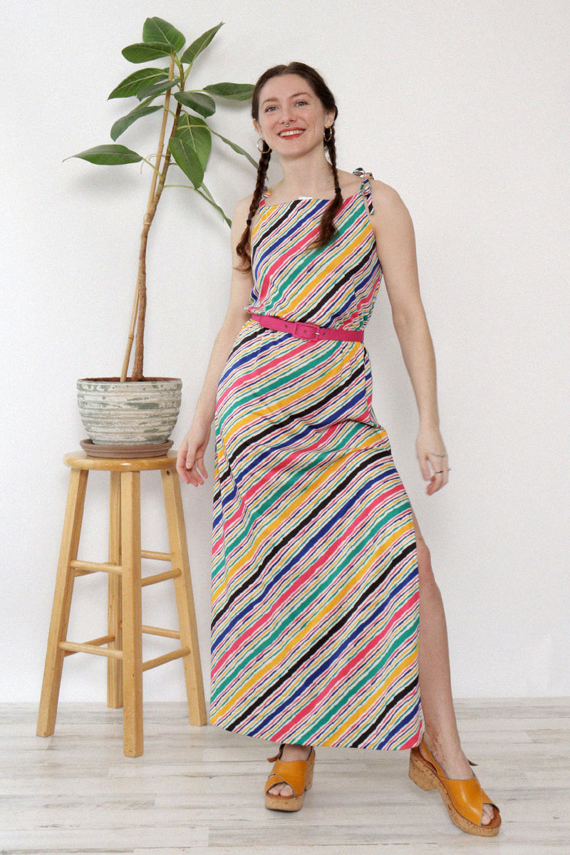 Colorful Stripe Jersey Knit Slit Dress M