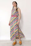 Colorful Stripe Jersey Knit Slit Dress M