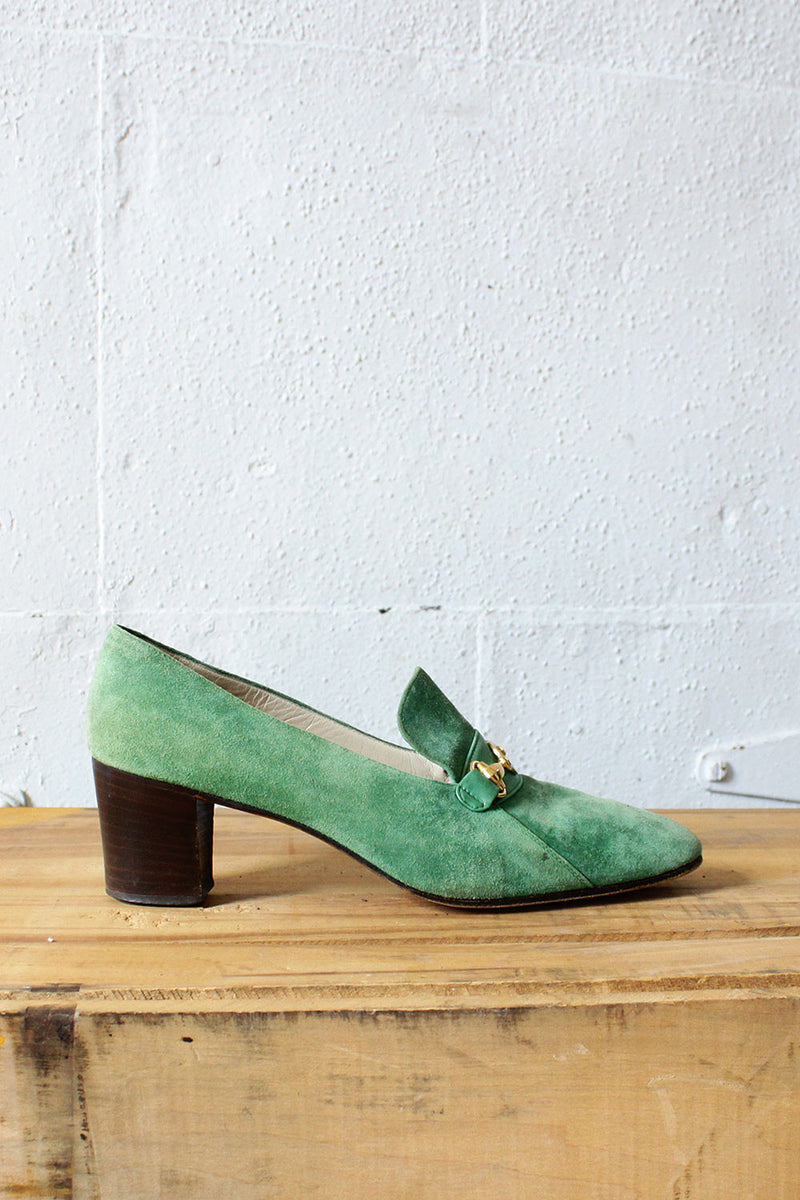 Gucci Moss Green Suede Heeled Loafers 8 1/2