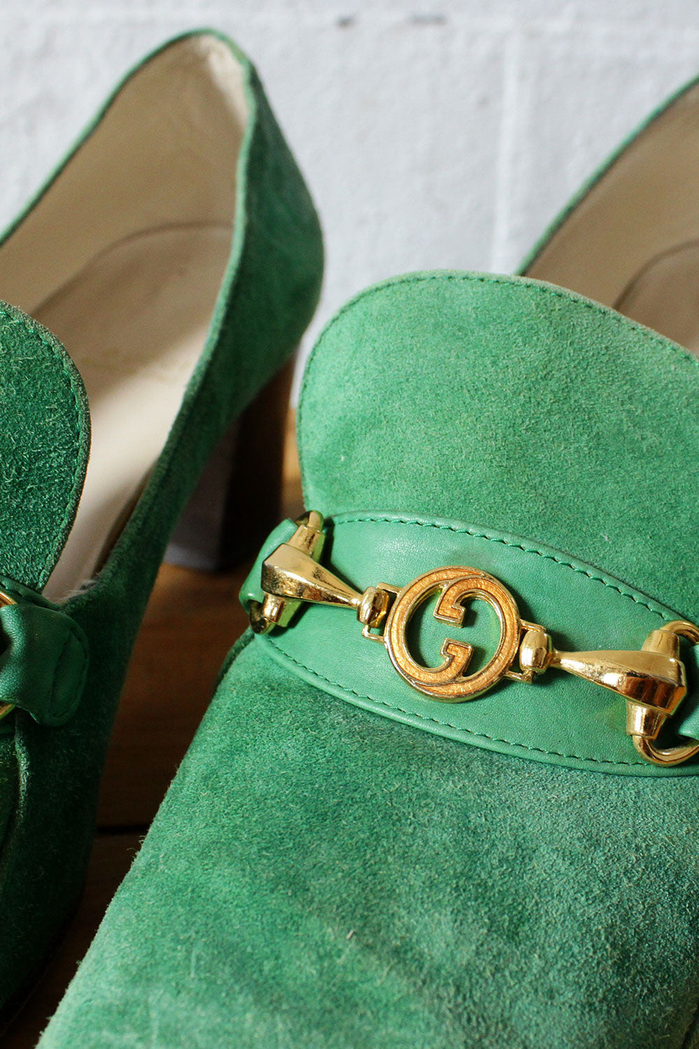 Gucci Moss Green Suede Heeled Loafers 8 1/2