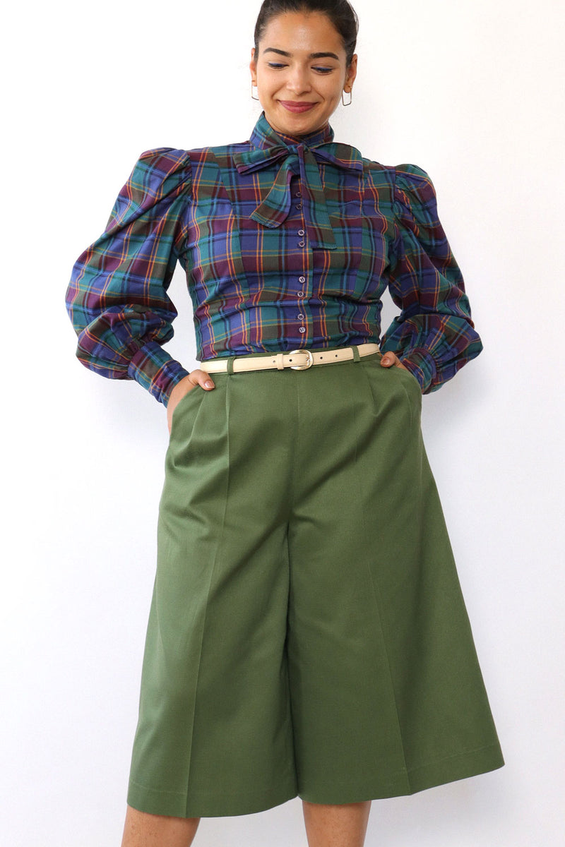 Inky Plaid Puffed Sleeve Blouse M