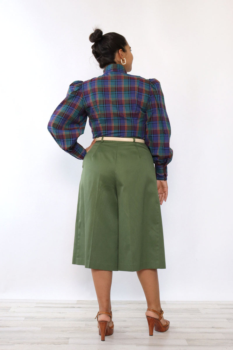 Inky Plaid Puffed Sleeve Blouse M