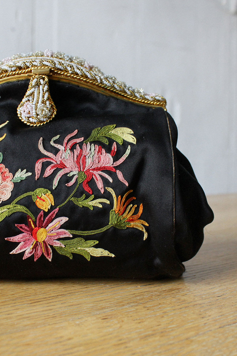 French Satin Floral Evening Purse
