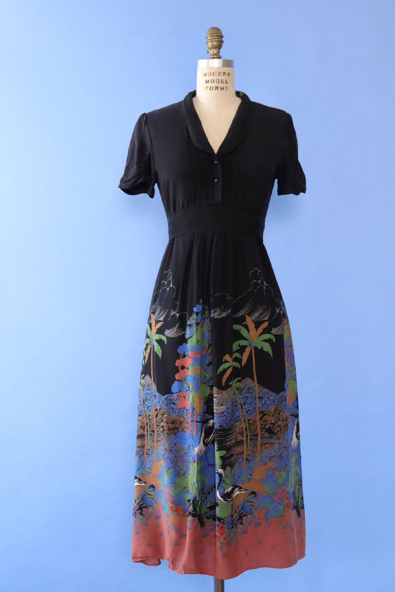 Palms and Cranes Rayon Dress XS-M