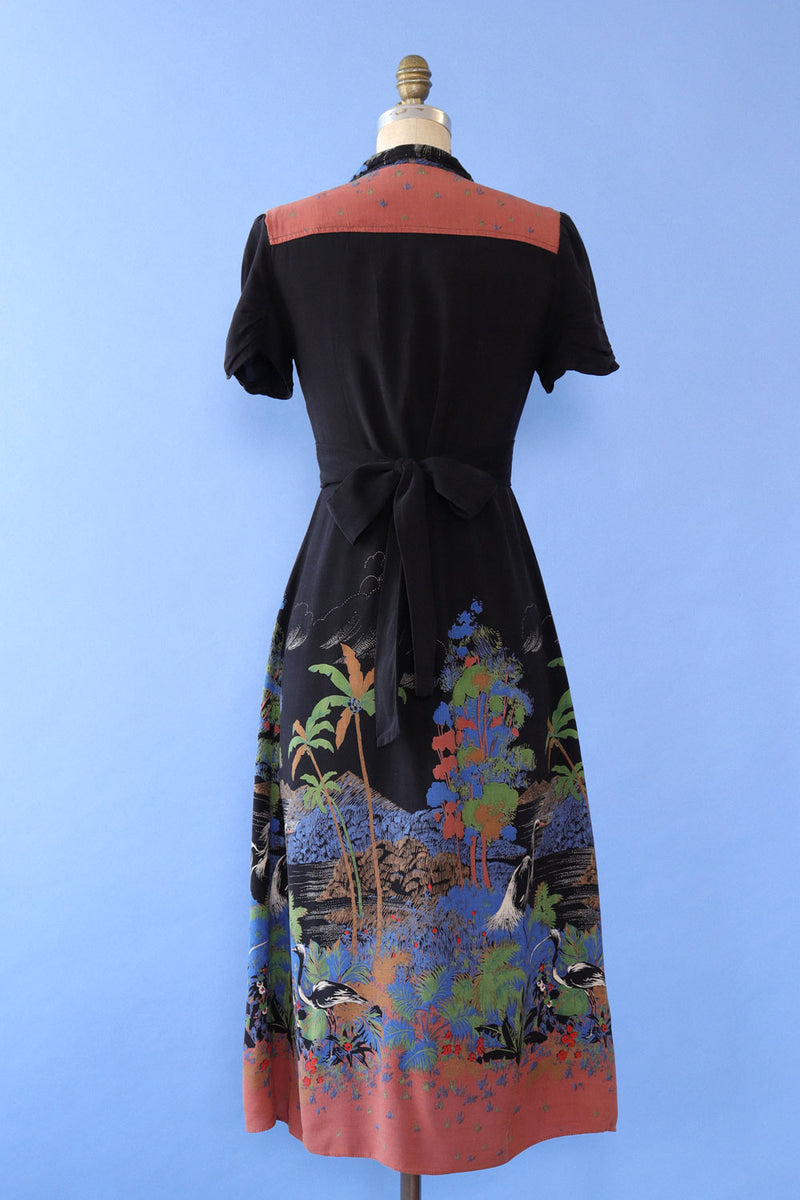 Palms and Cranes Rayon Dress XS-M