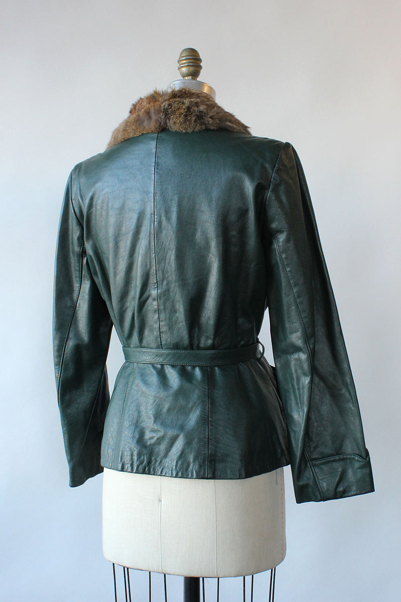 Green Leather Rabbit Fur Jacket S/M