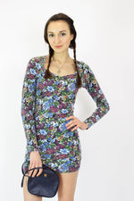 90s Floral Bodycon Mini Dress S