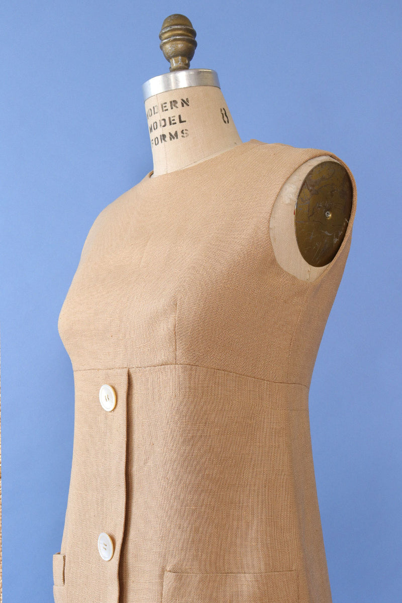 Café Tan Linen Shift Dress S