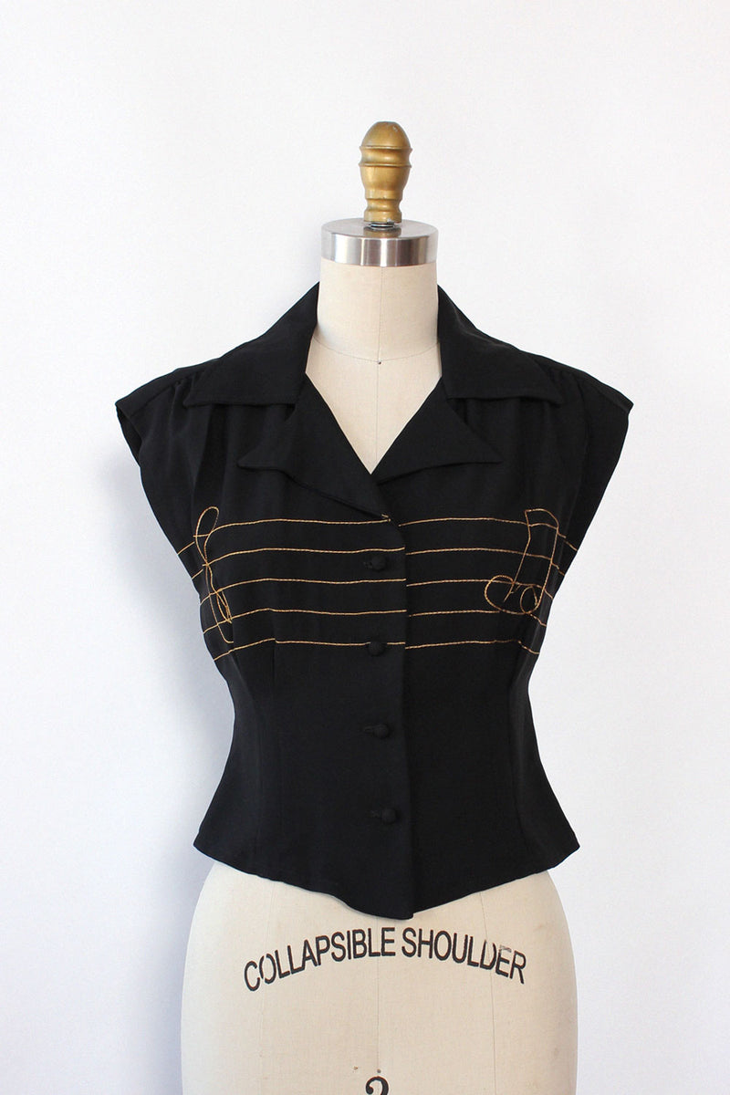 Treble Clef Fitted 70s Blouse XS