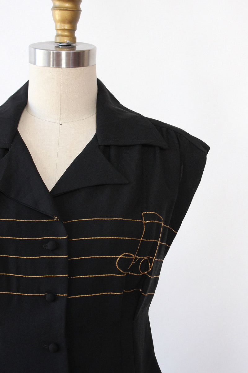 Treble Clef Fitted 70s Blouse XS