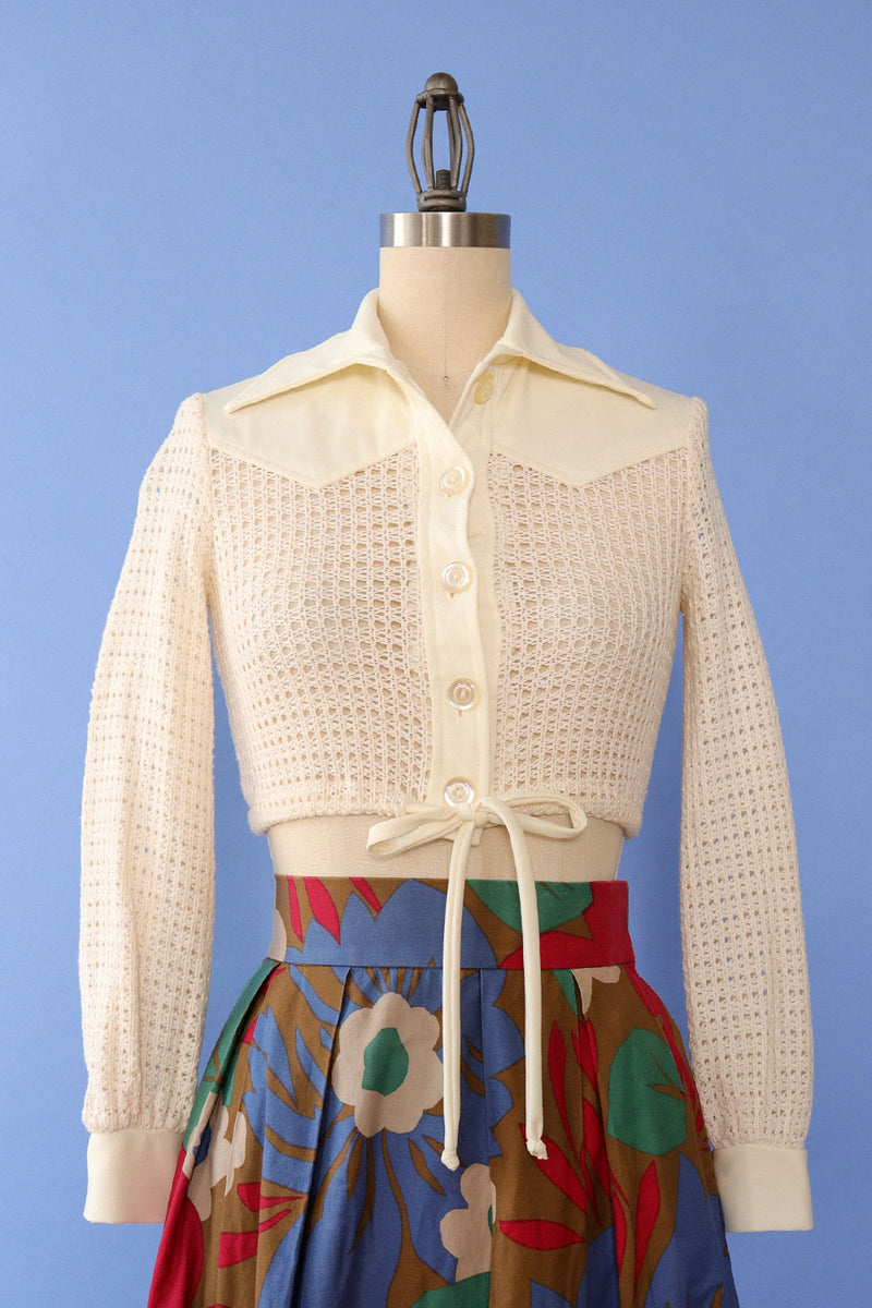 Ivory Mesh Knit Cropped Cardi XS