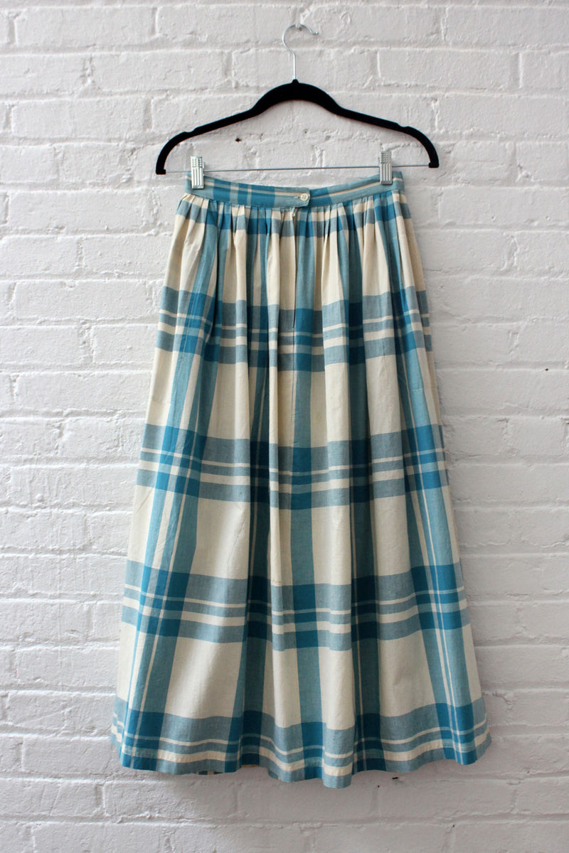 Teal & Ivory Plaid Cotton Skirt S